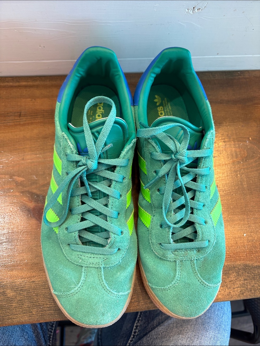 adidas gazelle Women’s Teal Suede Sneakers with Neon Green Stripes